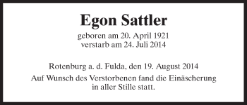 Traueranzeige von Egon Sattler von Hersfeld