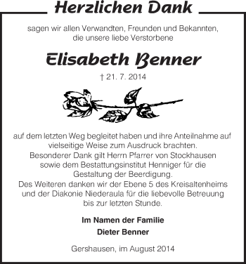 Traueranzeige von Elisabeth Benner von Hersfeld