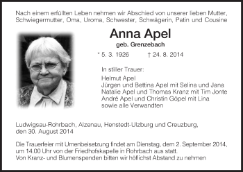 Traueranzeige von Anna Apel von Hersfeld