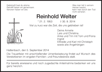 Traueranzeige von Reinhold Welter von Hersfeld