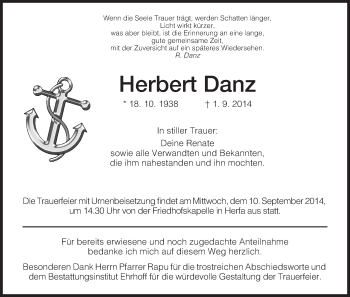 Traueranzeige von Herbert Danz von Hersfeld