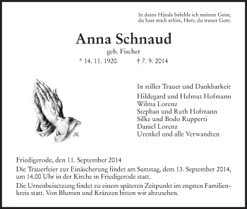 Traueranzeige von Anna Schnaud von Hersfeld