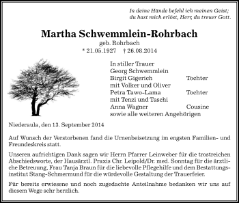 Traueranzeige von Martha Schwemmlein-Rohrbach von Hersfeld