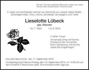 Traueranzeige von Lieselotte Lübeck von Hersfeld