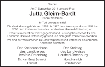 Traueranzeige von Jutta Gleim-Bardt von Hersfeld