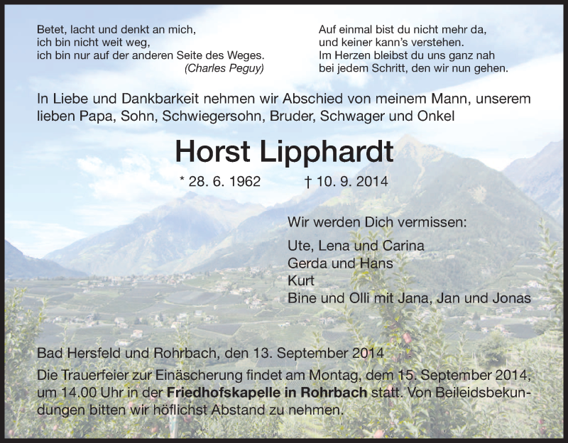  Traueranzeige für Horst Lipphardt vom 13.09.2014 aus Hersfeld