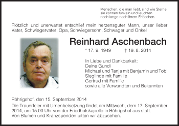 Traueranzeige von Reinhard Aschenbach von Hersfeld