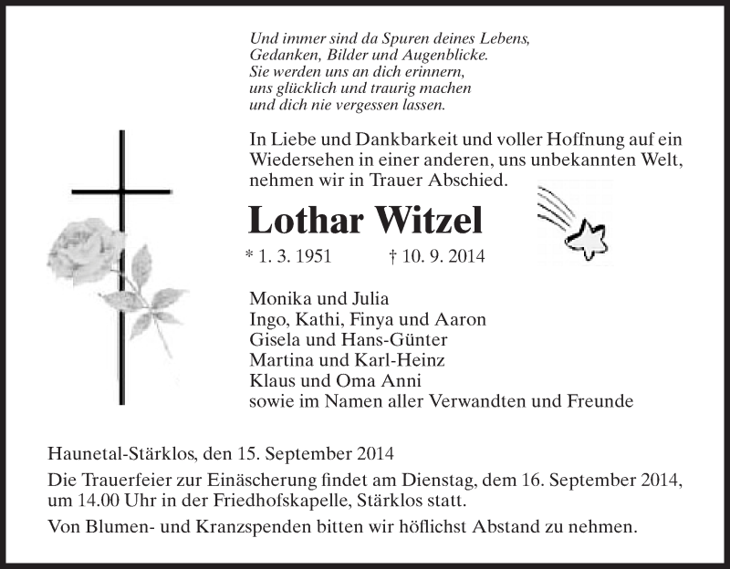  Traueranzeige für Lothar Witzel vom 15.09.2014 aus Hersfeld