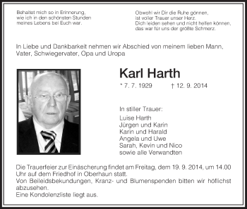 Traueranzeige von Karl Harth von Hersfeld