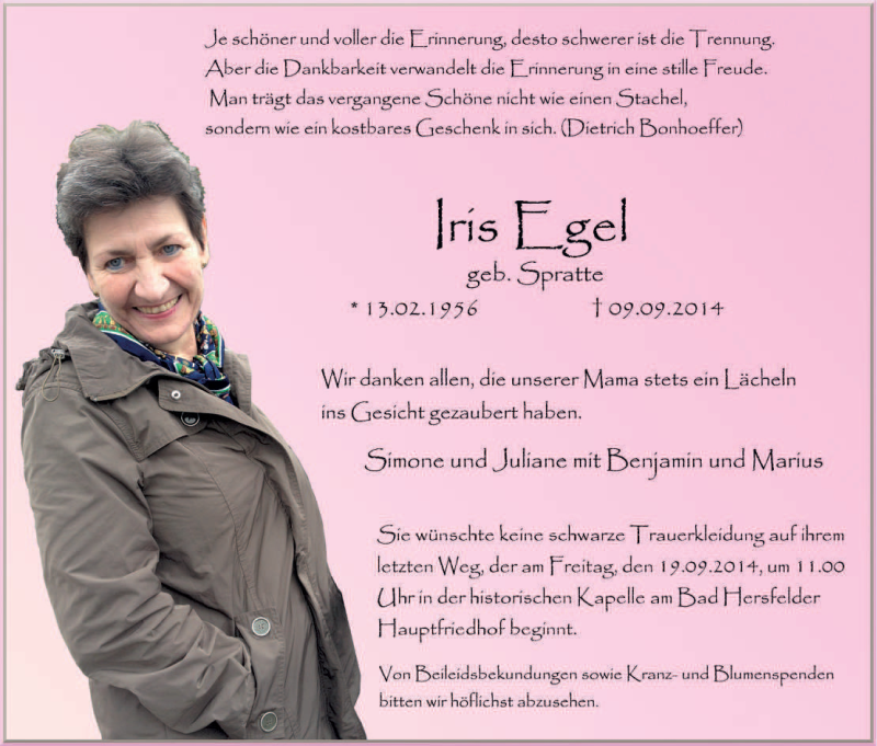  Traueranzeige für Iris Egel vom 16.09.2014 aus Hersfeld