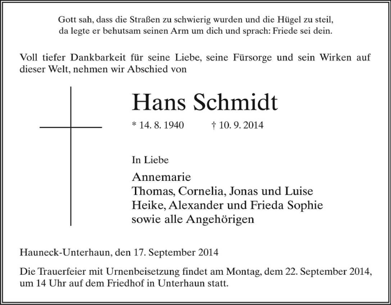  Traueranzeige für Hans Schmidt vom 17.09.2014 aus Hersfeld