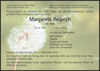 Traueranzeige von Margarete Reiprich von Hersfeld