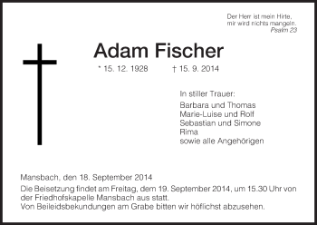 Traueranzeige von Adam Fischer von Hersfeld