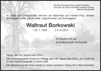 Traueranzeige von Waltraut Borkowski von Hersfeld