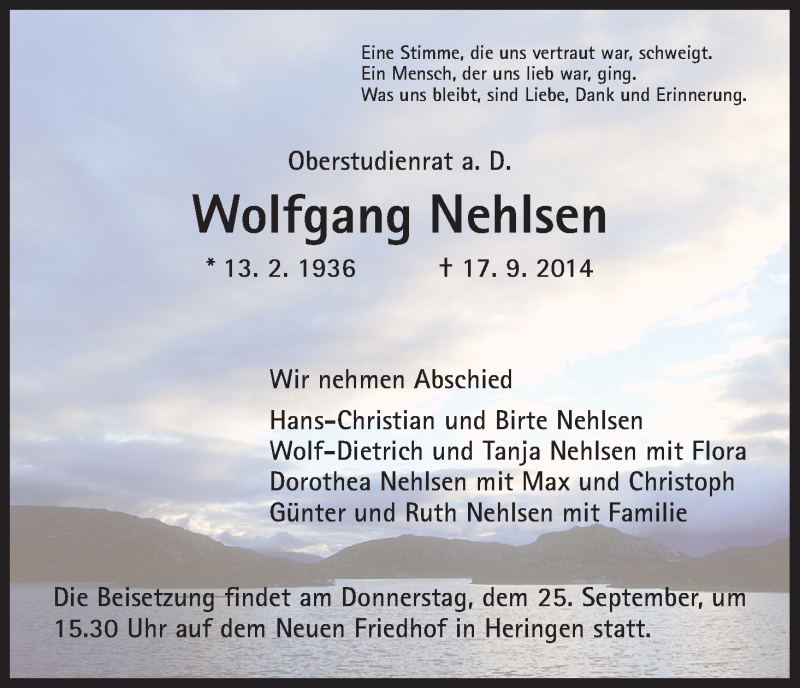  Traueranzeige für Wolfgang Nehlsen vom 20.09.2014 aus Hersfeld