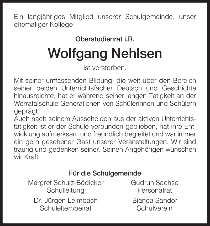  Traueranzeige für Wolfgang Nehlsen vom 24.09.2014 aus Hersfeld