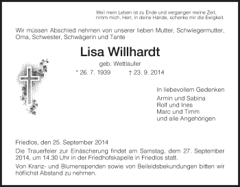 Traueranzeige von Lisa Willhardt von Hersfeld