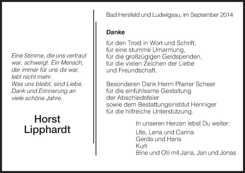  Traueranzeige für Horst Lipphardt vom 27.09.2014 aus Hersfeld