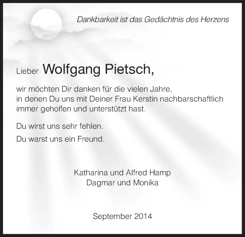  Traueranzeige für Wolfgang Pietsch vom 27.09.2014 aus Hersfeld