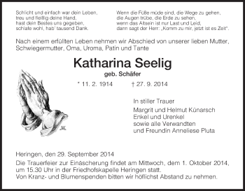 Traueranzeige von Katharina Seelig von Hersfeld