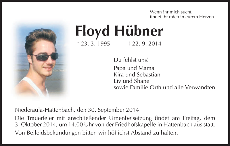  Traueranzeige für Floyd Hübner vom 30.09.2014 aus Hersfeld