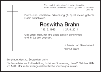 Traueranzeige von Roswitha Brahn von Hersfeld