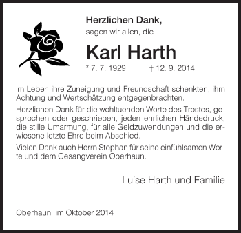 Traueranzeige von Karl Harth von Hersfeld