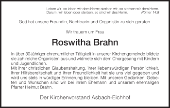 Traueranzeige von Roswitha Brahn von Hersfeld