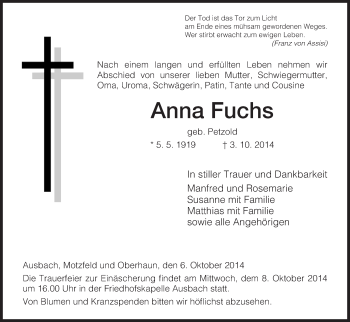 Traueranzeige von Anna  Fuchs von Hersfeld