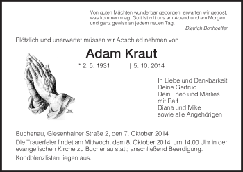 Traueranzeige von Adam Kraut von Hersfeld