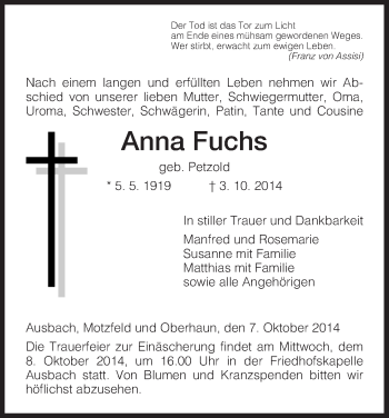 Traueranzeige von Anna  Fuchs von Hersfeld