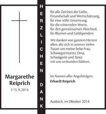 Traueranzeige von Margarethe Reiprich von Hersfeld