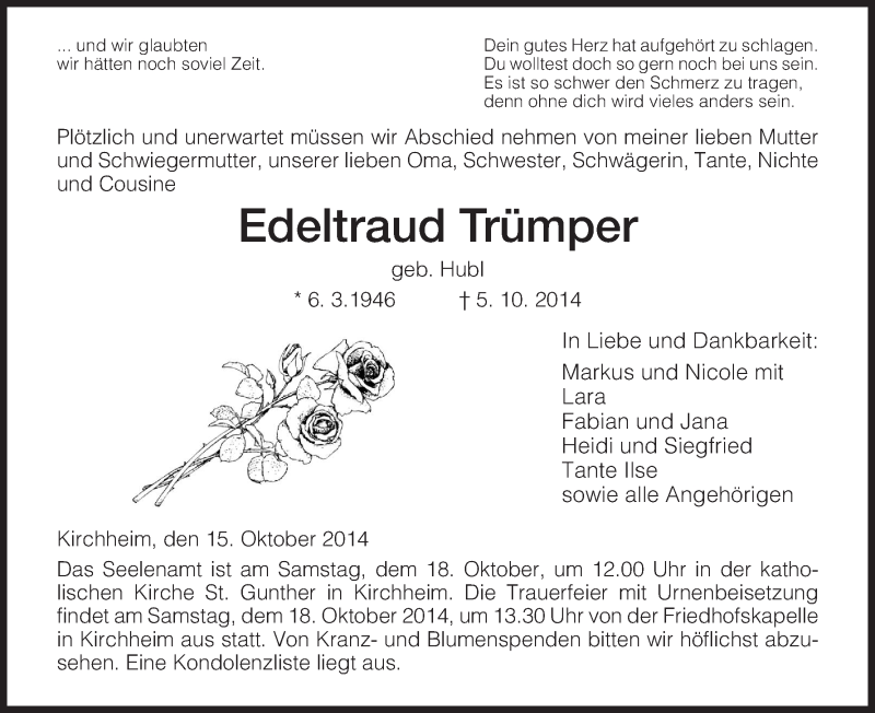  Traueranzeige für Edeltraud Trümper vom 14.10.2014 aus Hersfeld