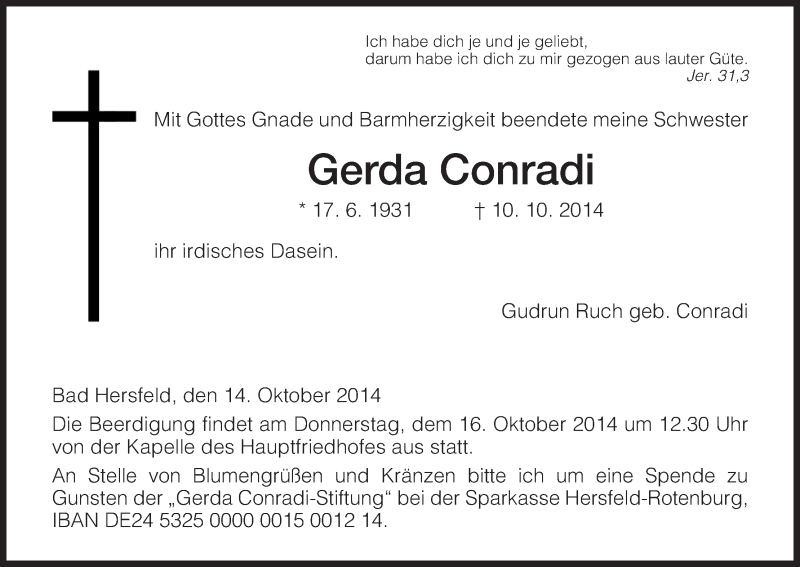  Traueranzeige für Gerda Conradi vom 13.10.2014 aus Hersfeld