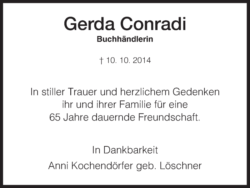 Traueranzeige für Gerda Conradi vom 14.10.2014 aus Hersfeld