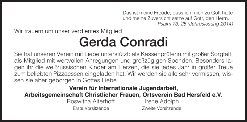  Traueranzeige für Gerda Conradi vom 14.10.2014 aus Hersfeld