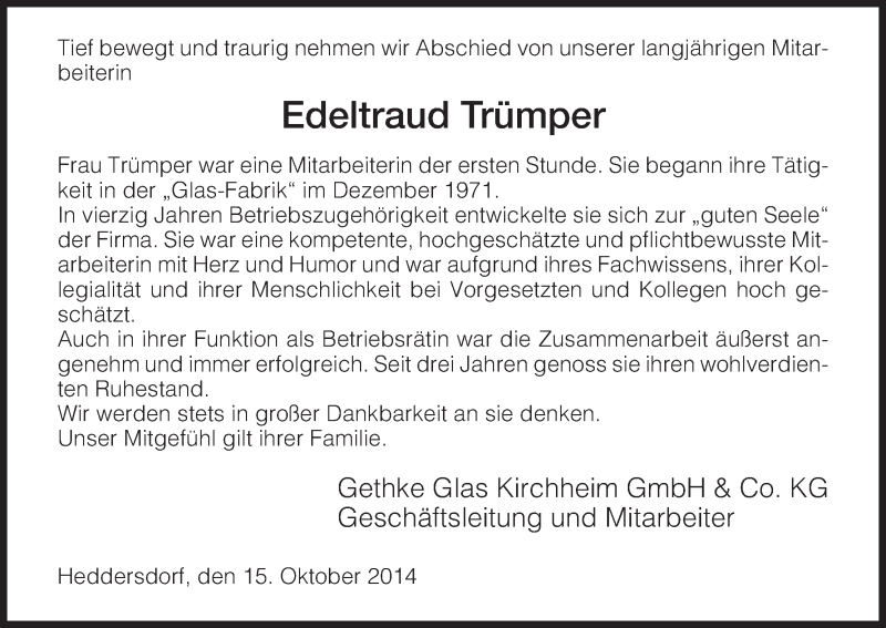  Traueranzeige für Edeltraud Trümper vom 15.10.2014 aus Hersfeld