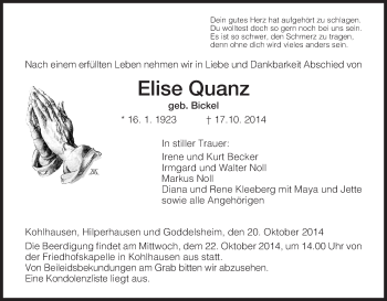 Traueranzeige von Elise Quanz von Hersfeld