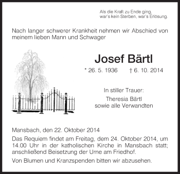 Traueranzeige von Josef Bärtl von Hersfeld