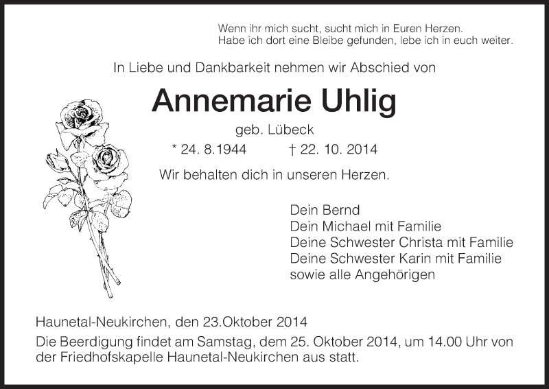  Traueranzeige für Annemarie Uhlig vom 22.10.2014 aus Hersfeld