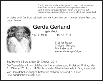 Traueranzeige von Gerda Gerland von Hersfeld