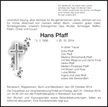 Traueranzeige von Hans Pfaff von Hersfeld