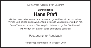 Traueranzeige von Hans Pfaff von Hersfeld