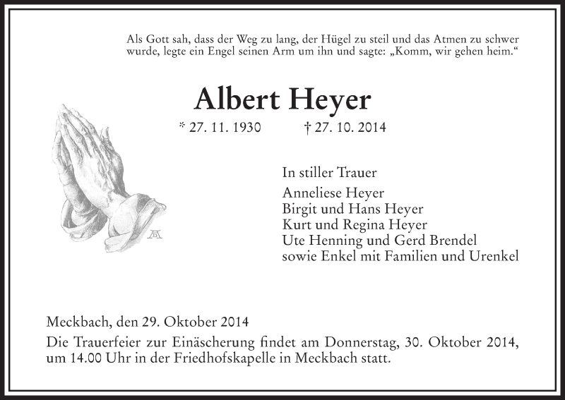  Traueranzeige für Albert Heyer vom 28.10.2014 aus Hersfeld