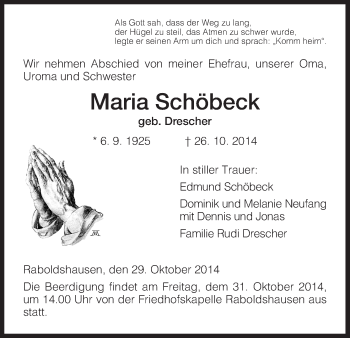 Traueranzeige von Maria Schöbeck von Hersfeld