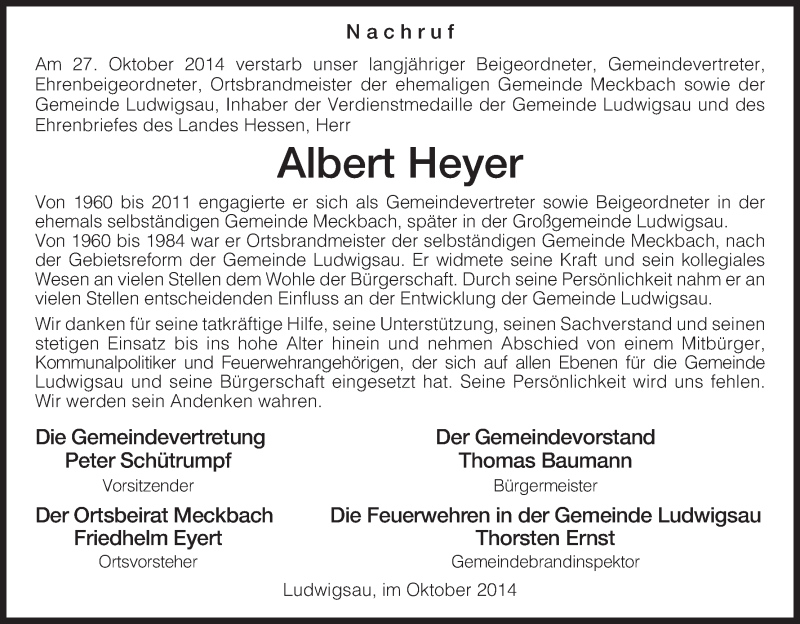  Traueranzeige für Albert Heyer vom 28.10.2014 aus Hersfeld