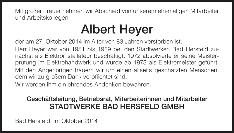  Traueranzeige für Albert Heyer vom 29.10.2014 aus Hersfeld