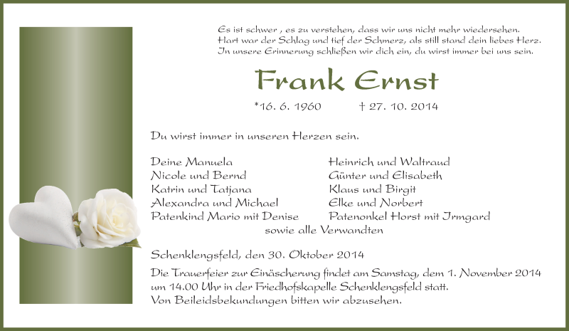  Traueranzeige für Frank Ernst vom 29.10.2014 aus Hersfeld