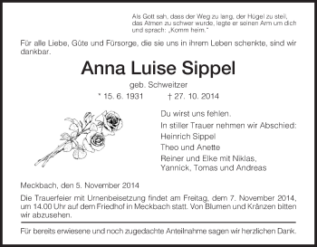 Traueranzeige von Anna Luise Sippel von Hersfeld