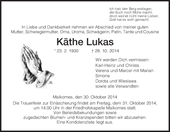 Traueranzeige von Käthe Lukas von Hersfeld